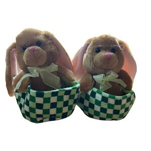 Pair Of Cottondale Bunnies in Basket Plush - Green